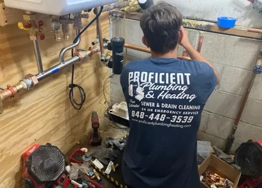 Technician servicing a drain and piping panel